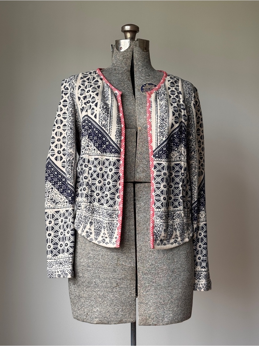 Lucky Brand Navy and White Patterned Open Blazer with Red Trim